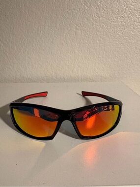 Sporty Black Sunglasses with Orange-Red Mirrored Lenses